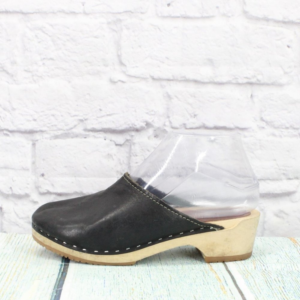 Kurier Black Leather Slip On Casual Heeled Mules Clogs Size 6 - 6.5